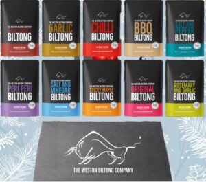 image of 10 packets of biltong in different flavours and a big black box of biltong at the bottom