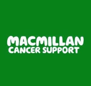 Macmillan cancer support logo, green background with Macmillan cancer support in bold white bubble font