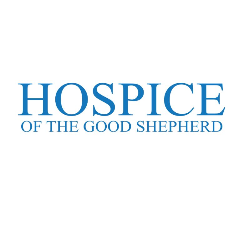 image of the hospice of the good shepherd logo which is the name Hospice in bold blue writing and of the good shepherd in smaller writing underneath in the same colour blue text. on white background.