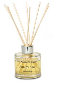 image of clear galss bottle reed diffuser , label reads la parfumerie Anglaise Amalfi Coast Reed Diffuser
