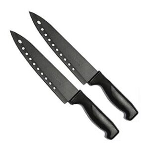 image of two large kitchen knifes with several small holes just inside the sharp cutting edge, knifes are stainless steel with black handle.
