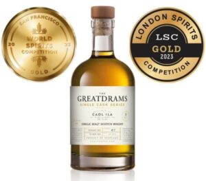 image of greatdram bottled whisky om white background with two gold awards next to it.