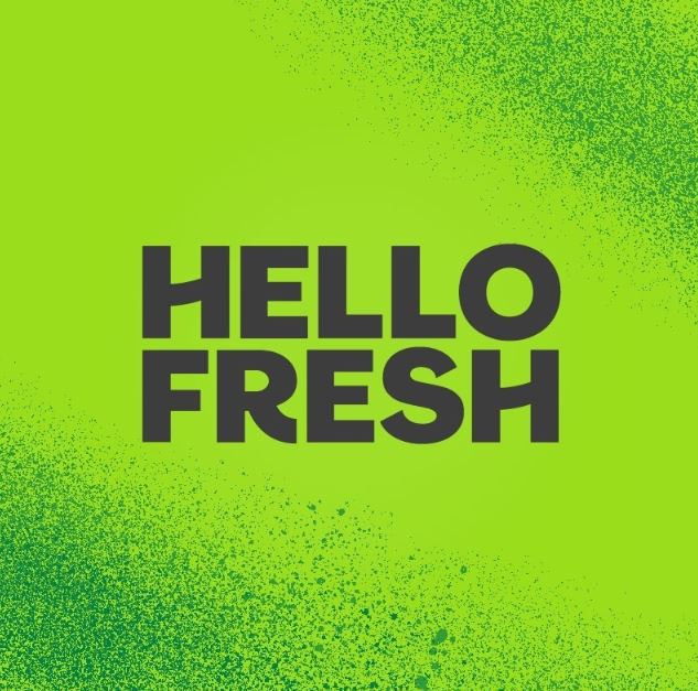 image of hello fresh logo , black font reading hello fresh on a lime green background.
